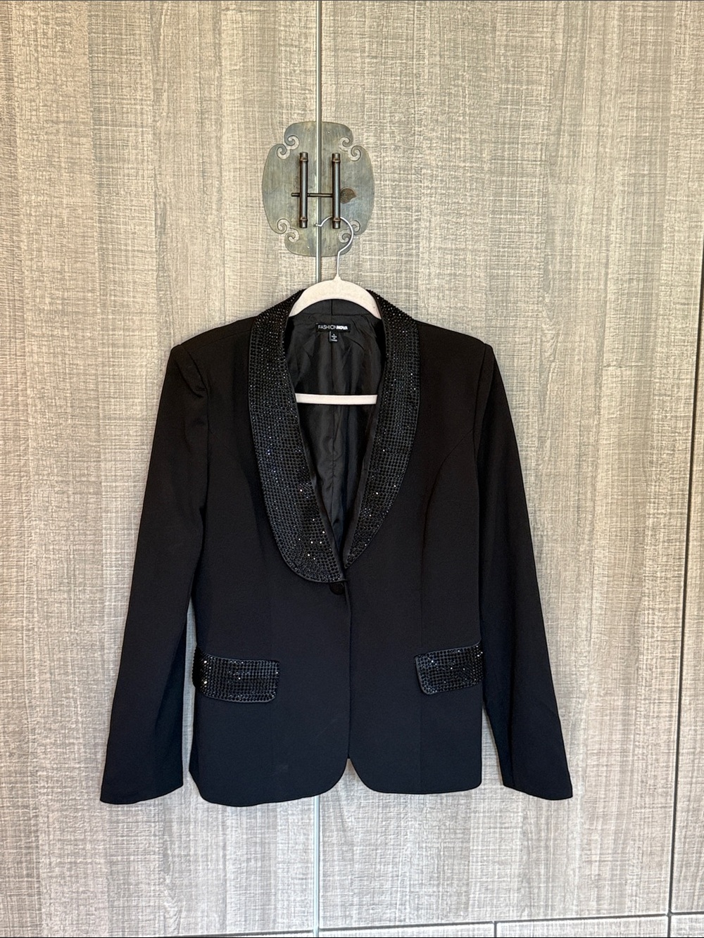 Fashion Nova Black Rhinestone-Embellished Tuxedo Blazer